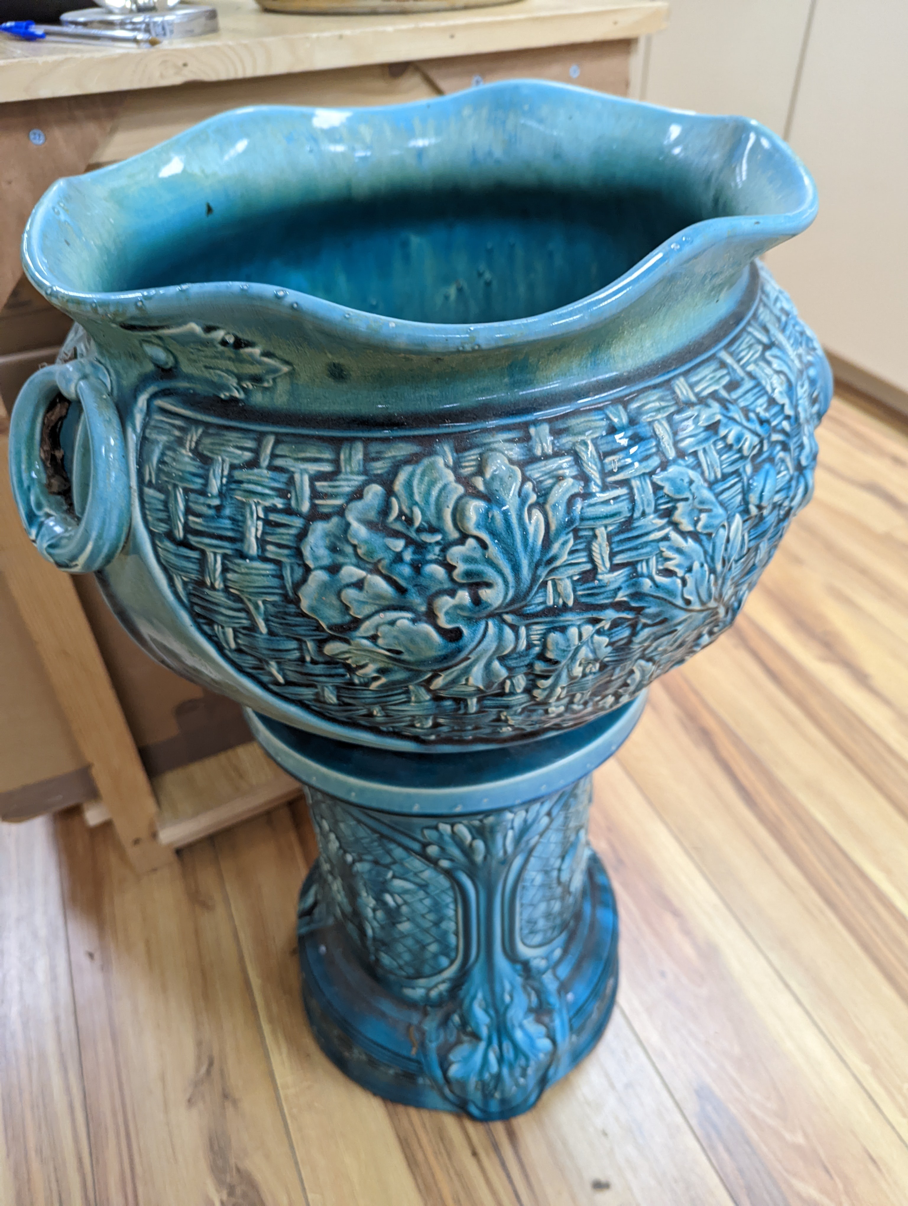 A Bretby turquoise-glazed jardiniere on pedestal 74cm